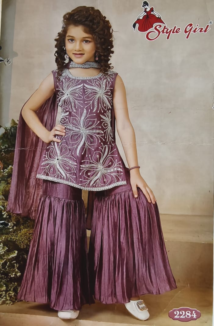 Style Girl Kids Designer Sharara Suit – Purple Embroidered Party Wear (Code: 2284)