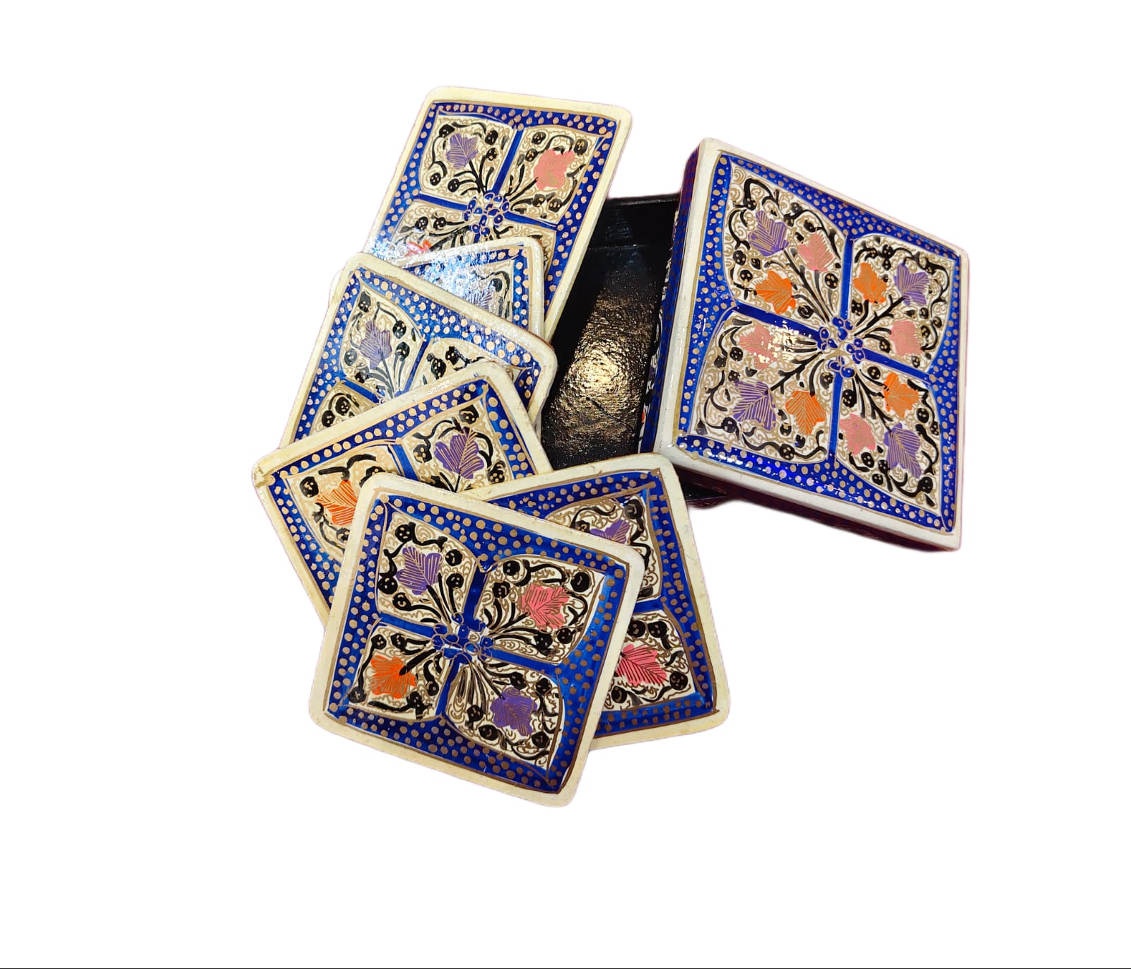 Handcrafted Kashmiri Paper Mache Coaster Set (6 Pieces) with Decorative Trinket Box – Hand-Painted Art from Kashmir