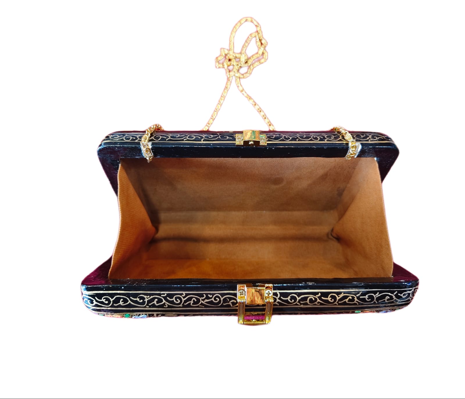 Handcrafted Kashmiri Paper Mache Clutch Bag – Exquisite Hand-Painted Fashion Accessory with Sling - Image 2