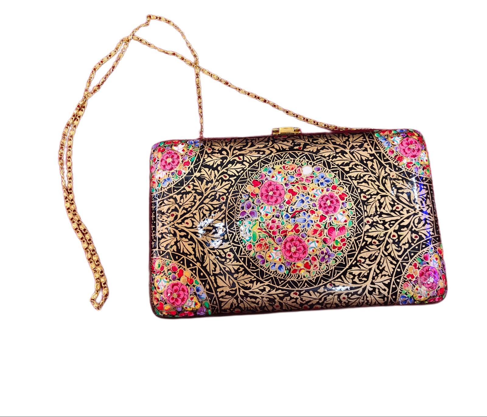 Handcrafted Kashmiri Paper Mache Clutch Bag – Exquisite Hand-Painted Fashion Accessory with Sling