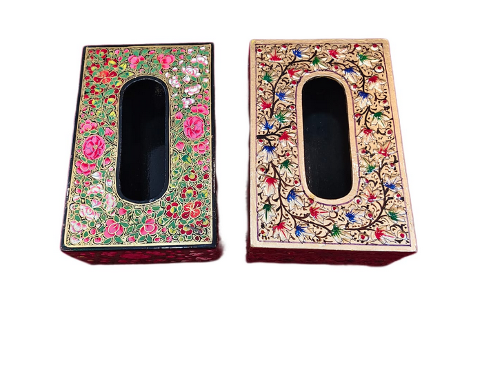 Handcrafted Kashmiri Paper Mache Tissue Box – Traditional Floral Hand-Painted Napkin Holder