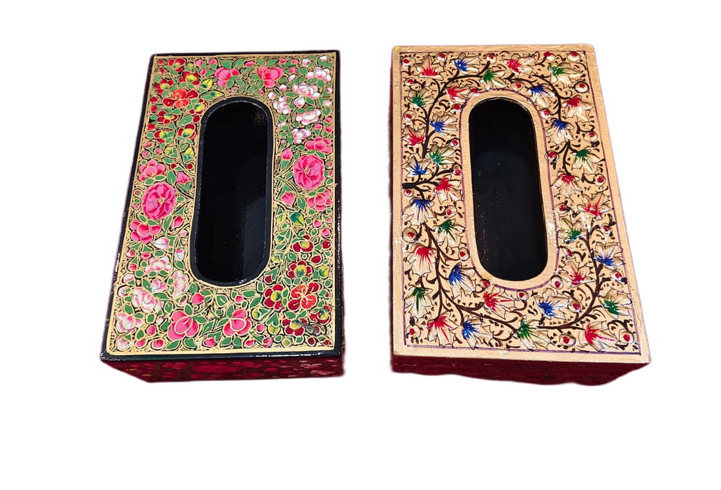 Handcrafted Kashmiri Paper Mache Tissue Box – Traditional Floral Hand-Painted Napkin Holder - Image 2